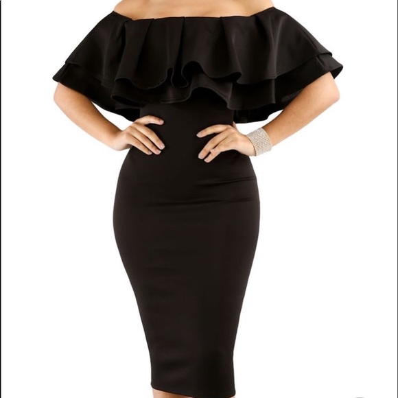 Black Off Shoulder Ruffle Midi Dress SIZE Small - Picture 6 of 8
